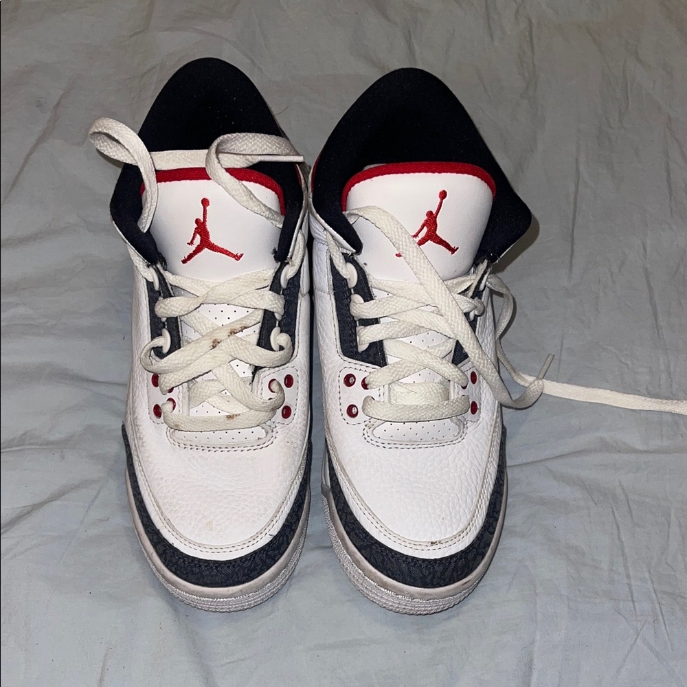 Jordan Kids White and Black Sneakers with Red Accents these are youth 5y